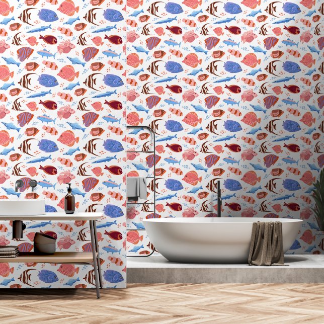 Papier Peint poisson rose et bleu motif (Salle de bain)