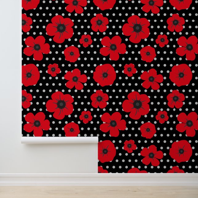 Papier Peint Poppies rouges et Pois Floral moderne (Application)