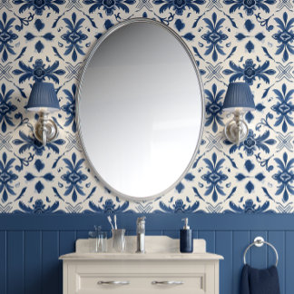 Papier Peint Portugais Azulejo Elegance - Bleu et Hors Blanc