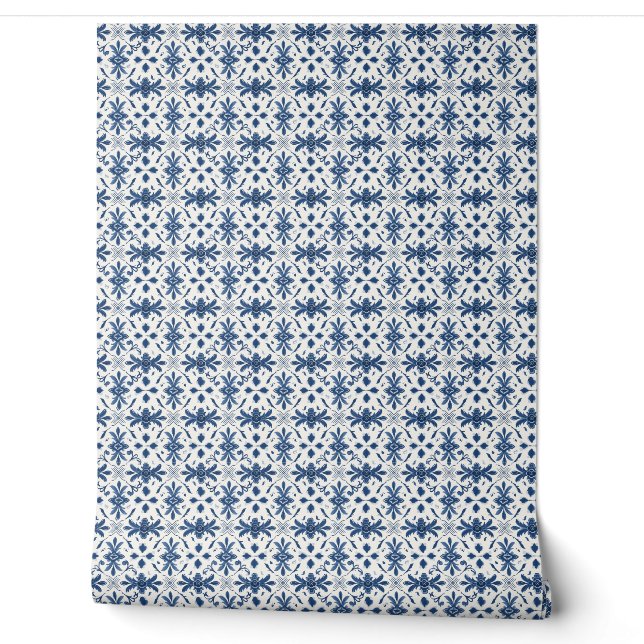 Papier Peint Portugais Azulejo Essence Mini - Bleu et Blanc (Déroulement)