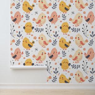 Papier Peint Poussins de printemps mignons et motif floral