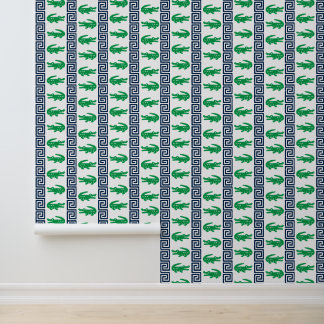 Papier Peint Preppy Alligator Greek Key Stripe - Navy & Green