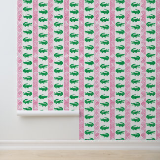 Papier Peint Preppy Alligator Greek Key Stripe – Pink & Green