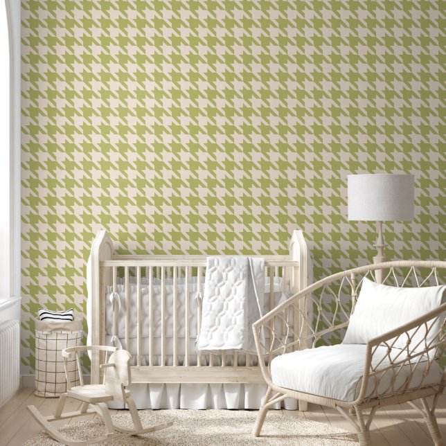 Papier Peint Preppy Houndstooth en Crème et vert olive (Enfants)