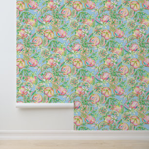 Papier Peint Preppy Palm Beach Bleu & Oranges roses
