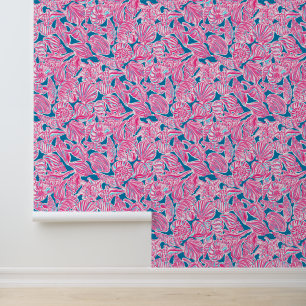 Papier Peint Preppy Palm Beach Coquillages bleu et rose