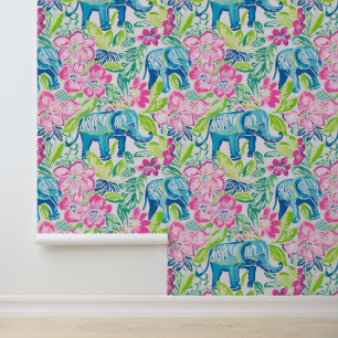Papier Peint Preppy Palm Beach Eléphants rose et bleu