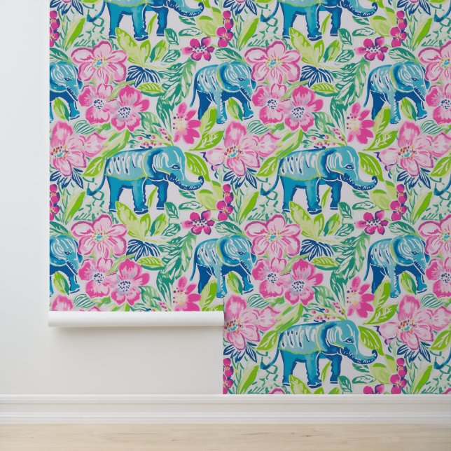 Papier Peint Preppy Palm Beach Eléphants rose et bleu (Application)