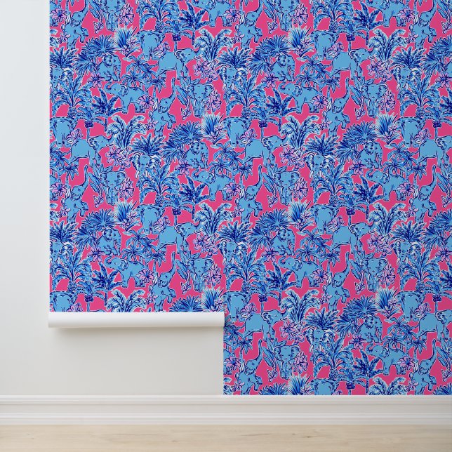 Papier Peint Preppy Palm Beach Eléphants rose et bleu (Application)