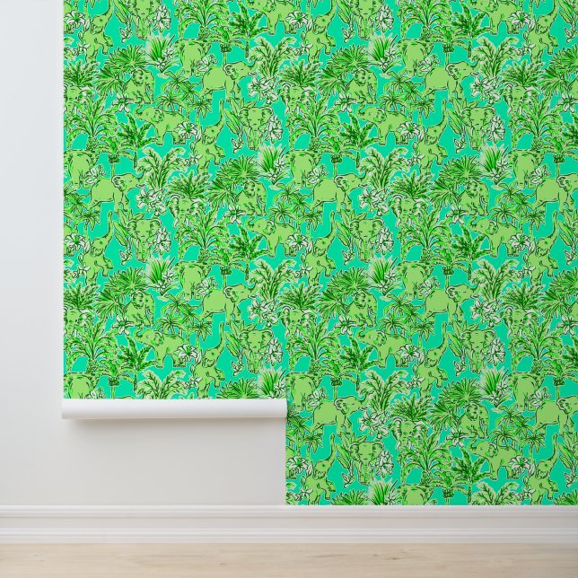 Papier Peint Preppy Palm Beach Eléphants verts (Application)