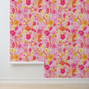 Papier Peint Preppy Palm Beach Giraffes de jungle rose et orang