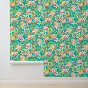 Papier Peint Preppy Palm Beach Oranges Turquoises et roses