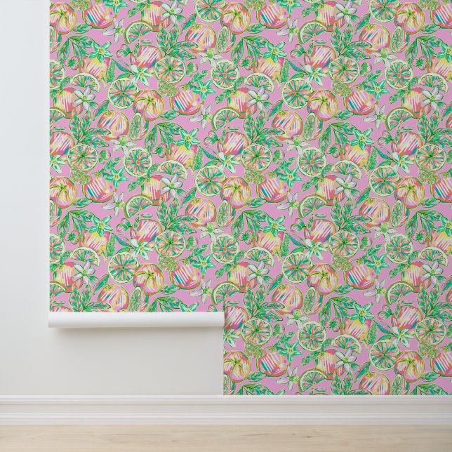 Papier Peint Preppy Palm Beach Rose & Oranges vertes (Application)