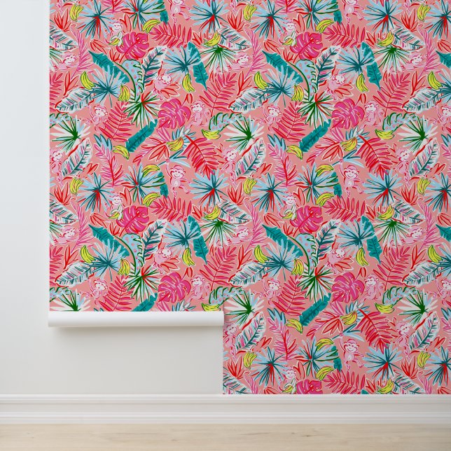 Papier Peint Preppy Palm Beach Singes tropicaux de la Jungle (Application)