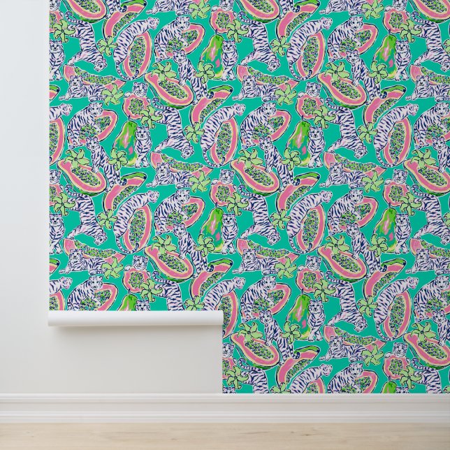 Papier Peint Preppy Palm Beach Tigers Turquoises & Papayas (Application)