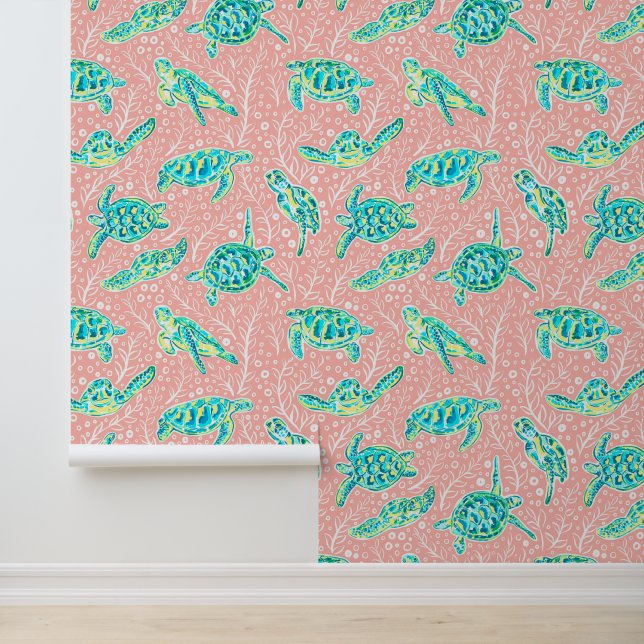 Papier Peint Preppy Palm Beach Tortues de natation (Application)