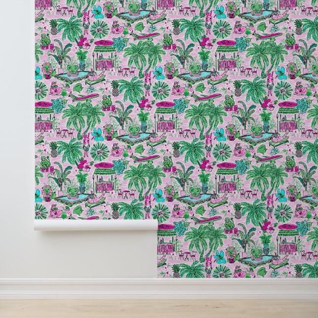 Papier Peint Preppy Palm Beach Vacances animal rose et vert (Application)