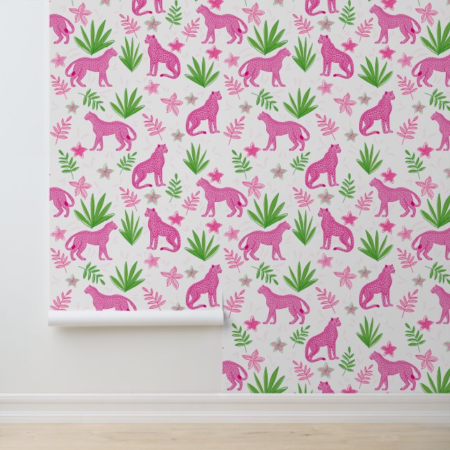 Papier Peint Preppy Pink Cheetah Blanc Floral Arrière - plan (Application)