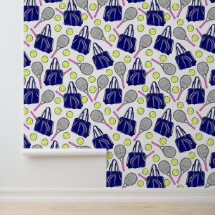 Papier Peint Preppy Tennis Rose Racquettes Marine Bag Balls