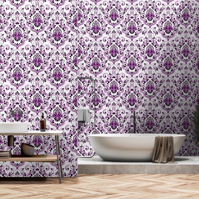 Papier Peint Purple Black Damask Floral peler et bâton (Salle de bain)