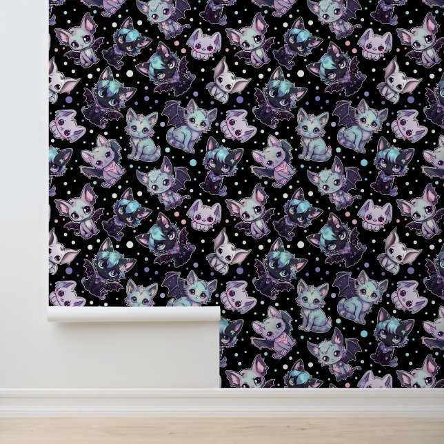 Papier Peint Purple et Turquoise Kawaii Chat Bat Cute Gothique (Application)