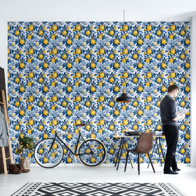 Papier Peint Rafraîchir Citron jaune bleu Feuilles Peel & Stick (Salon)