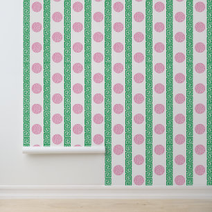 Papier Peint Rayure à clé grecque Preppy Golf en rose et vert