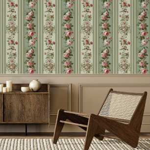 Papier Peint Rayure Vert Sauge et Rose Florale Rose
