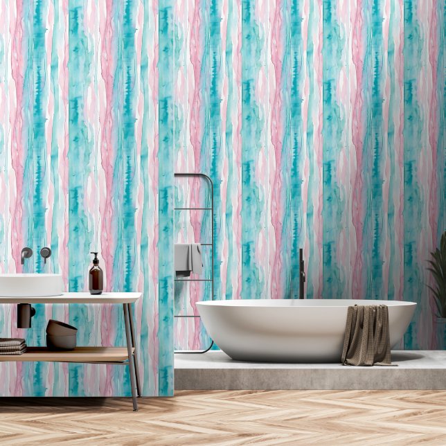 Papier Peint Rayures d'aquarelle turquoise, bleue et rose (Salle de bain)