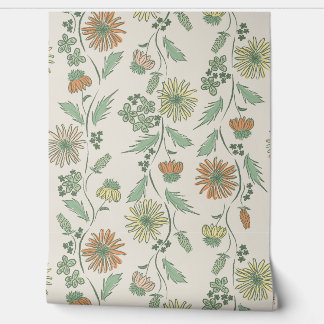 Papier Peint Rayures de fleurs sauvages - Jaune et vert menthe