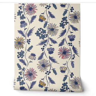 Papier Peint Rayures de fleurs sauvages - Lavande et bleu denim
