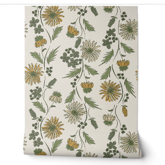 Papier Peint Rayures de fleurs sauvages - Or moutarde et vert p