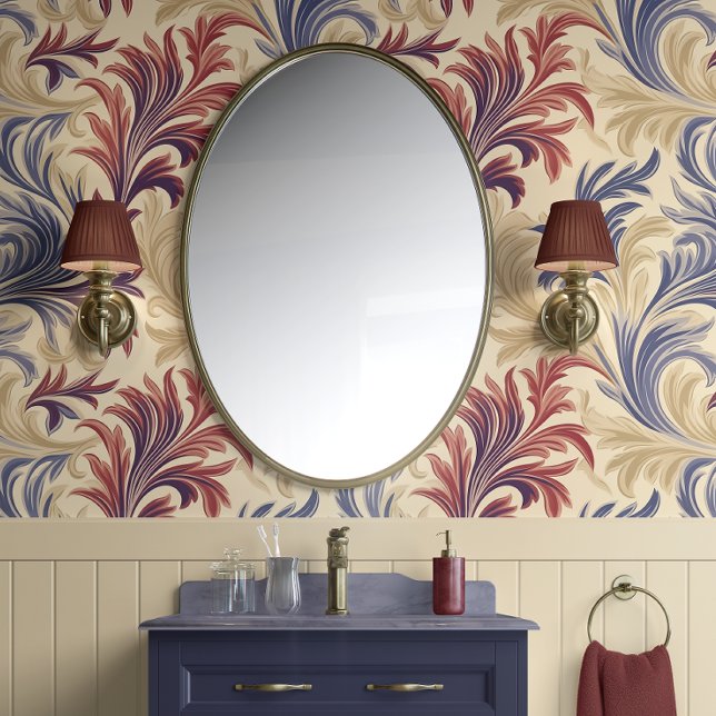 Papier Peint Regal Flourish Elegance Beige, Bourgogne & Bleu (Regal Flourish Elegance - Beige, Burgundy, and Blue - Traditional Peel and Stick Wallpaper)