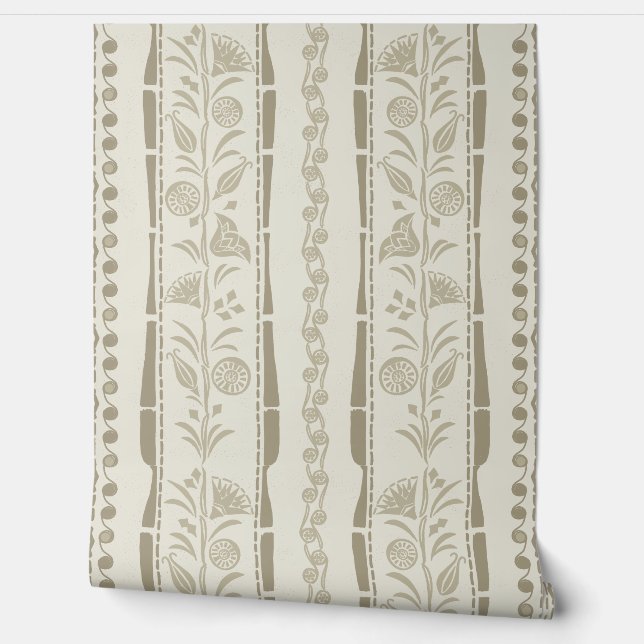 Papier Peint Regency Floral Stripes - Khaki - Cream (Déroulement)