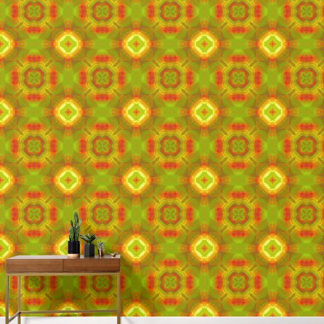 Papier Peint Rétro 1970 Motif géométrique rouge, orange, vert (Couloir)