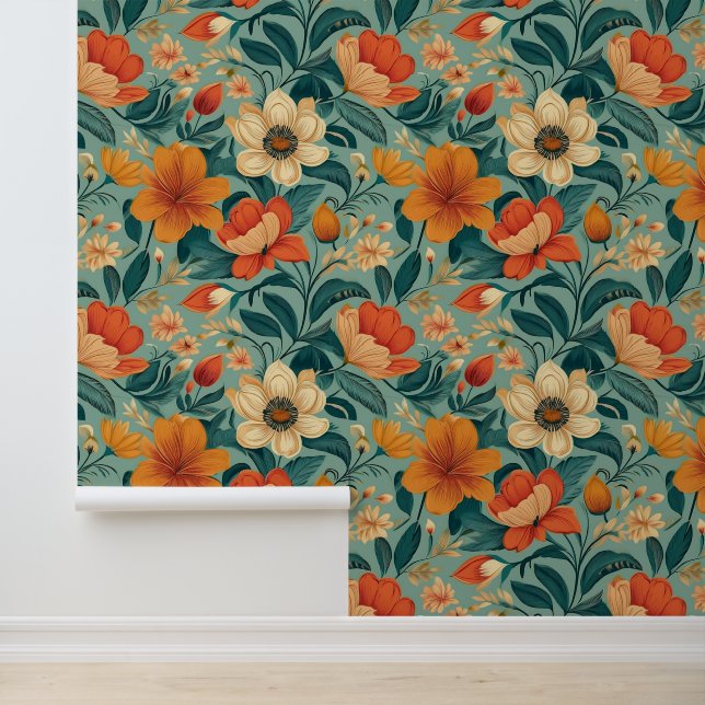 Papier Peint Retro Floral Bohême Orange Mint Green (Application)