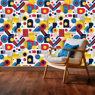 Papier Peint Retro Géométrique Abstrait Pat#10 Navy Red ID1067