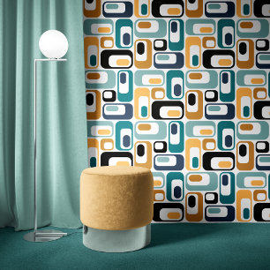 Papier Peint Retro Mod Ovals Mustard Turquoise Aqua Bleu Blanc