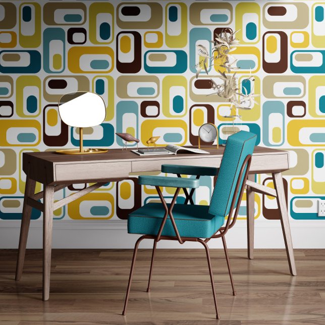 Papier Peint Retro Mod Ovals Teal Blue Brown Mustard Yellow (Créateur téléchargé)