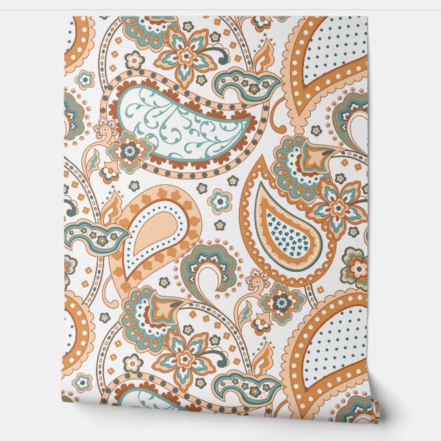 Papier Peint Retro Mod Paisley Teal Sage Peach Rust Orange  (Déroulement)