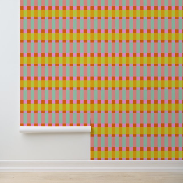 Papier Peint Retro Moderne Mint Jaune Rose Géométrique Plaid Cu (Application)