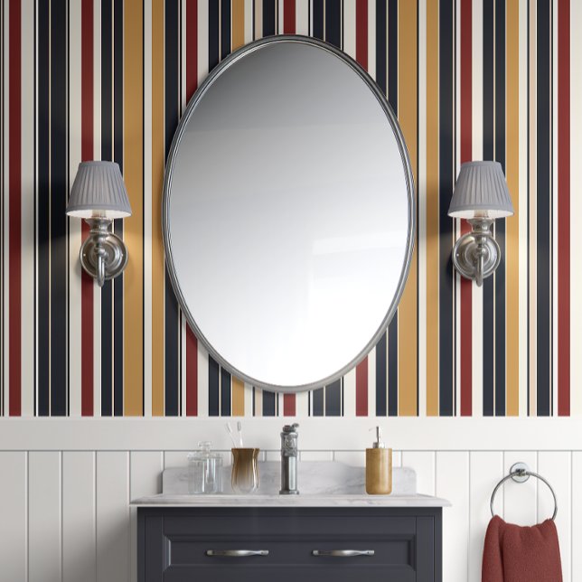 Papier Peint Retro Revival Stripes Rouge, Or, Marine Mi-Siècle (Retro Stripes Revival Peel and Stick Wallpaper)