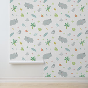 Papier Peint Rhinos jungle mignonne avec palmiers et feuilles b