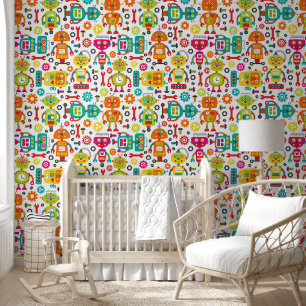 Papier Peint Robot coloré amusant rose vert orange Motif
