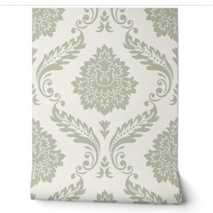 Papier Peint Rococo Damask Grand Motif Vert sur Crème