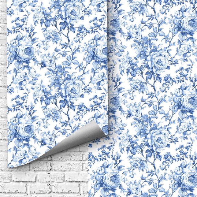Papier Peint Romantic Blue French Toile Roses Floral Wallpaper  (Romantic Blue French Toile Roses Floral Wallpaper Design)