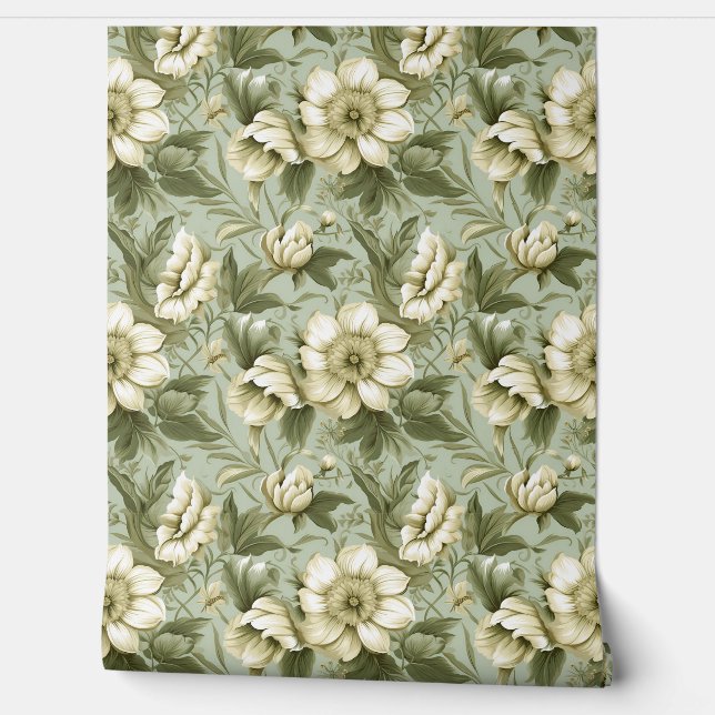 Papier Peint Romantique Shabby chic vert foncé fleurs blanches (Déroulement)