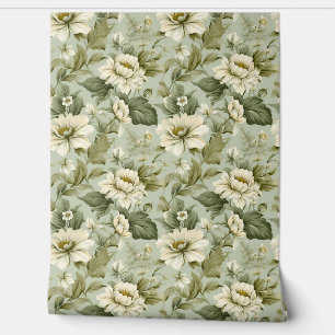Papier Peint Romantique Shabby chic vert foncé fleurs blanches