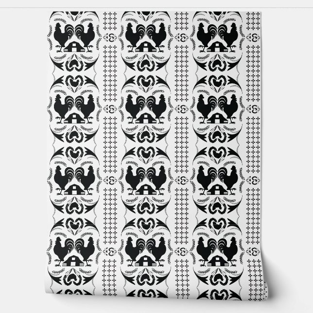 Papier Peint Rooster rustique et Motif de grange — BW (Déroulement)