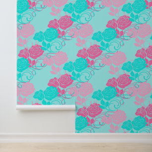 Papier Peint Rose chaud et bleu Aqua Grand Roses floraux